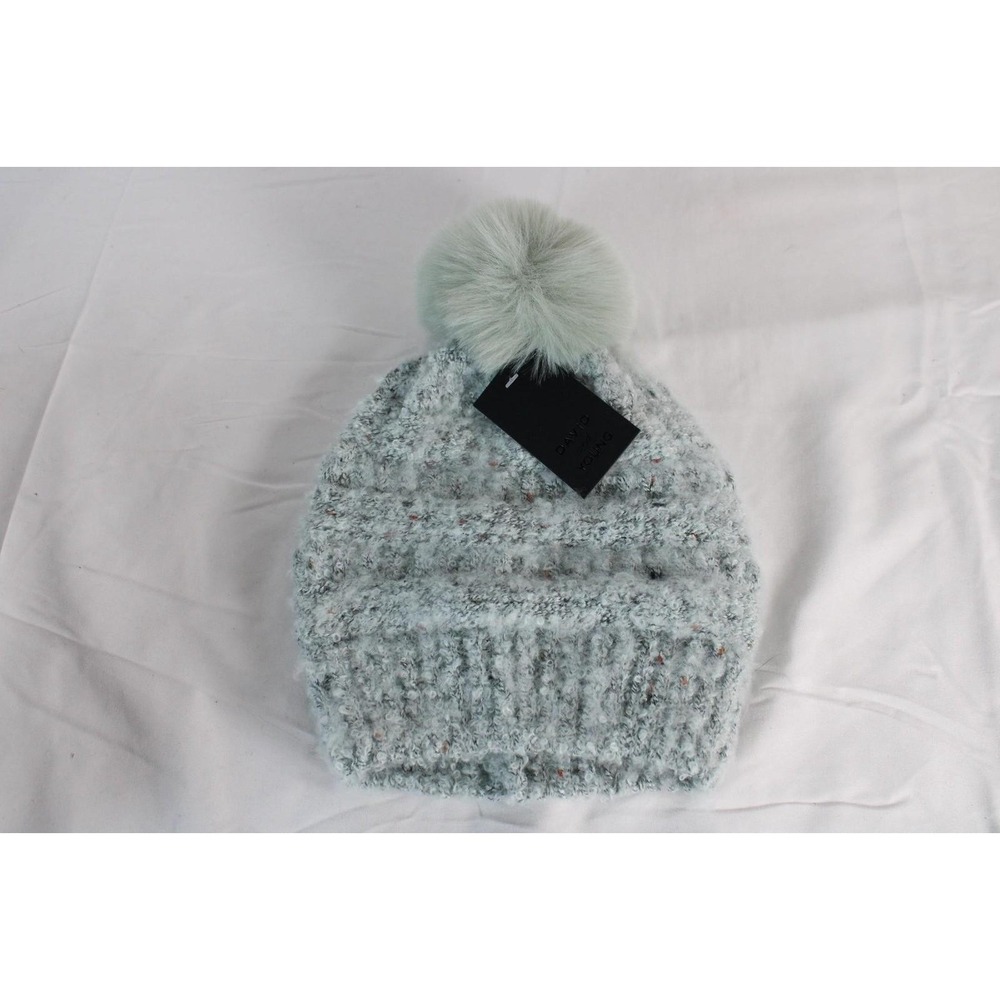 David and Young Mint Green Knit Beanie Faux Fur Pom Pom Winter Hat NWT - Picture 2 of 5